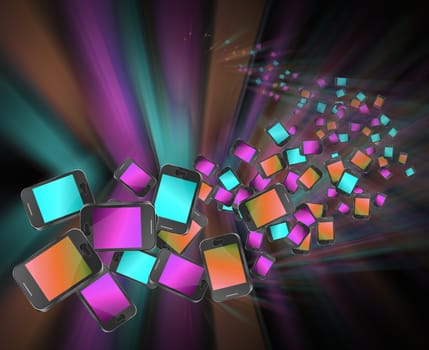Illustration depicting many illuminated communication devices giving the appearance of being in motion against a dark and blurred background.