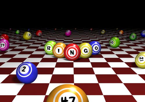 Illustration of bingo balls over a red and white chequered background