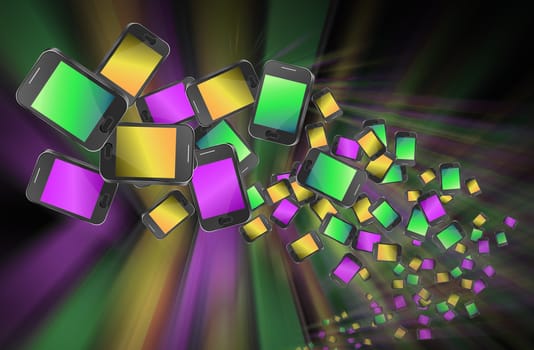 Illustration depicting many illuminated communication devices giving the appearance of being in motion against a dark and blurred background.