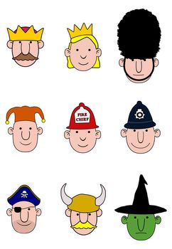 Illustration of nine cartoon character heads