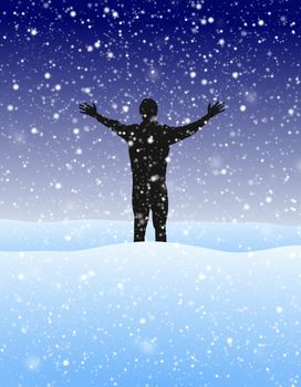 Illustration of a silhouette person standing in heavy snow