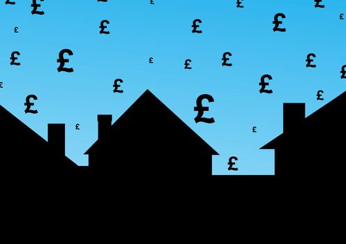 Illustration of houses with pound signs over a blue sky background