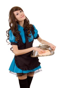 Pretty servant girl with tray over white