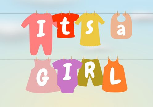 Illustration of a washing line with baby clothes and words saying "It's a Girl"