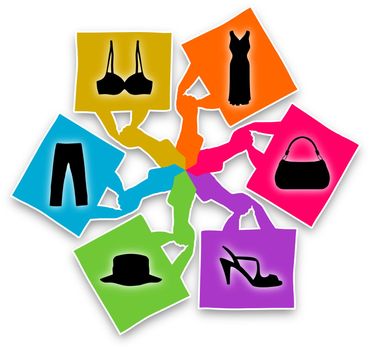 Colourful Illustration of six hands holding shopping bags with different  female related icons