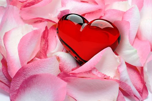 Lovely heart illustration: A red glass heart on a bed of white-pink rose petals.