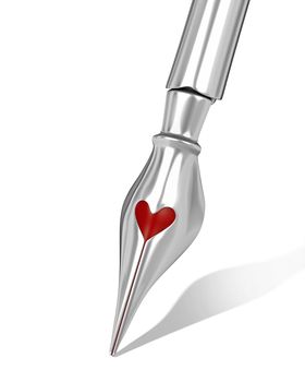 Metal ink pen nib with a heart shaped hole isolated on white background
