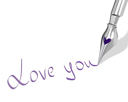 Ink pen nib with heart writes "Love you" isolated on white background