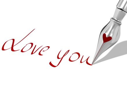 Ink pen nib with heart writes "Love you" isolated on white background