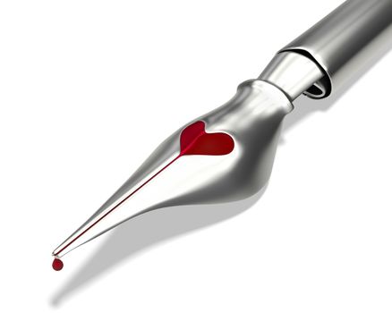 Metal ink pen nib with a heart shaped hole closeup  isolated on white background