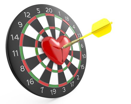 Dart hit the heart in the center of datrboad, isolated on white background