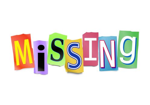 Illustration depicting cutout printed letters arranged to form the word missing.