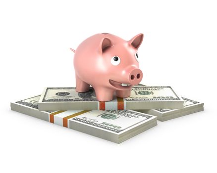 Piggy bank stands on 100 dollar papers, isolated on white background