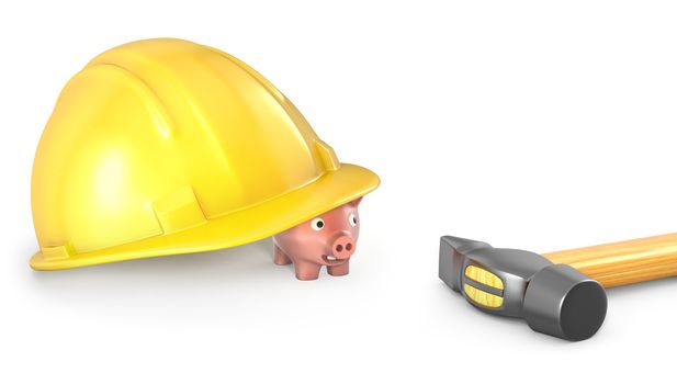 Piggy bank looks out of large helmet, isolated on white background