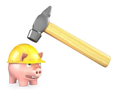 Piggy bank in yellow helmet under large hammer, isolated on white background