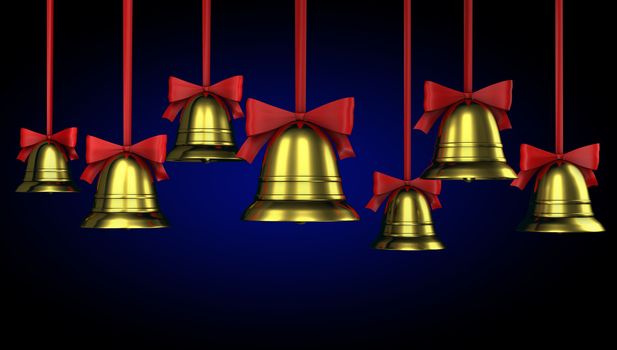 A lot of Christmas bells with red ribbons on a blue gradient background