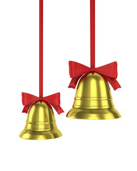 Two Christmas bells with red ribbons isolated on white background