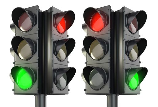 Four sided traffic light red and green variations, isolated on white background