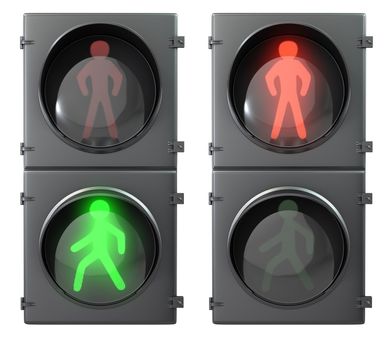 Set of pedestrian light lights with walk and go lights,front view, isolated on white background