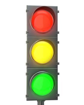 Traffic light with red, yellow and green lights isolated on white background