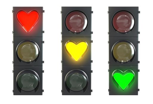 Set of traffic light with heart shaped red, yellow and green lamps isolated on white background