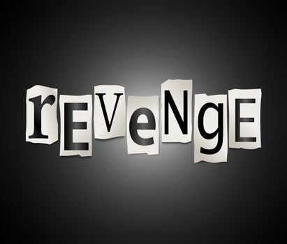 Illustration depicting cutout printed letters arranged to form the word revenge.