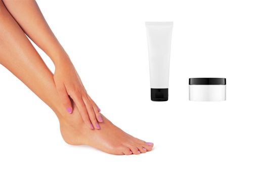 two bottles of cream and a beautiful leg women