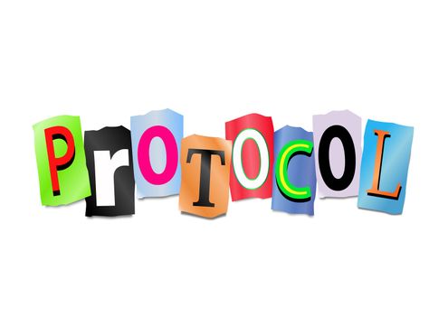 Illustration depicting cutout printed letters arranged to form the word protocol.