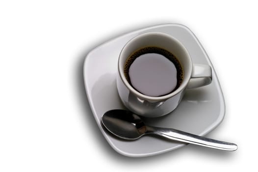 White coffee cup with saucer and spoon on dark grey background closeup with clipping path. NOTE I own the copyright of the drawing