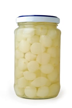 Glass jar of preserved onions (vertical closeup)