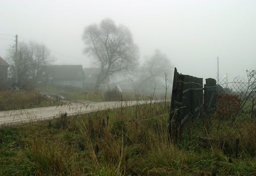Village covered with a fog