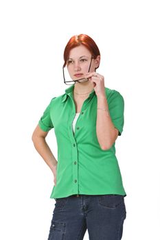 Image of a redheaded girl with glasess against a white background.