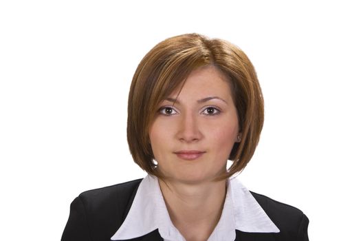 Portrait of a young woman against a white background.