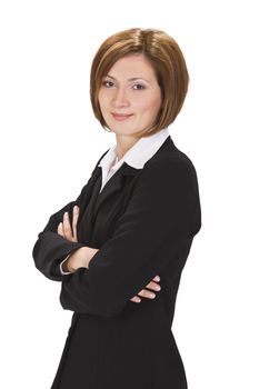 Portrait of a smiling businesswoman against a white background.