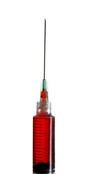 Syringe with blood isolated on white