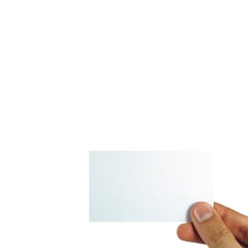 Business card in female hand. Studio isolated