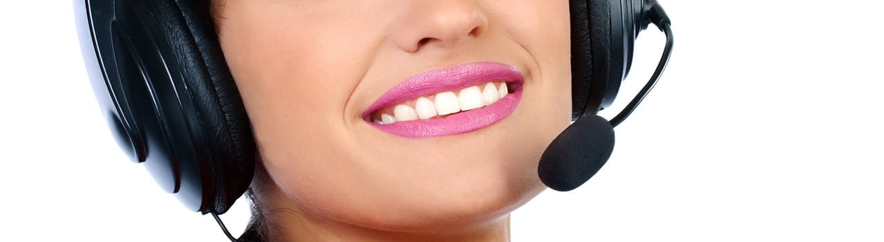 Closeup portrait of a happy young call centre employee smiling