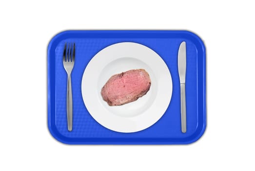 Cut sirloin beef on a plate with fork and knife