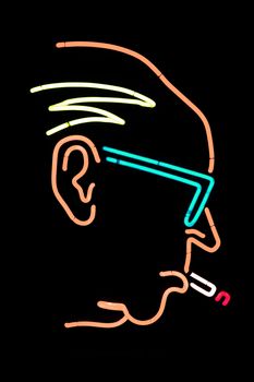Portrait of Poul Henningsen made in neon light. PH was a Danish architect, film director, inventor, poet and society castigator.