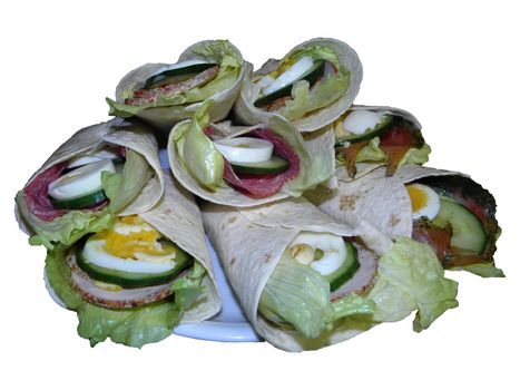 home-made wraps on a white plate. Provided free object.