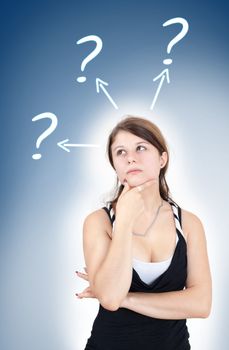woman with question mark over head looking up