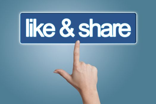 Hand pressing like & share button isolated on blue background