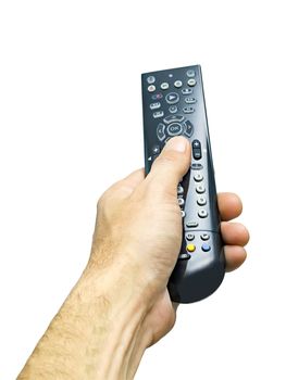 remote control in man's hand isolated on white background