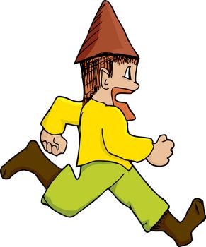 Cartoon of male gnome running over white background