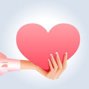 Slender tender girl's hand in a pink silk blouse sleeve holds big pink heart shape as a symbol of relations, love, romance, dating