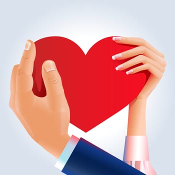 Male and female hands hold big bright red heart shape as a symbol of relations, love, romance, dating