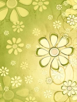 vintage spring background with beige flowers over green old paper gradient with curves