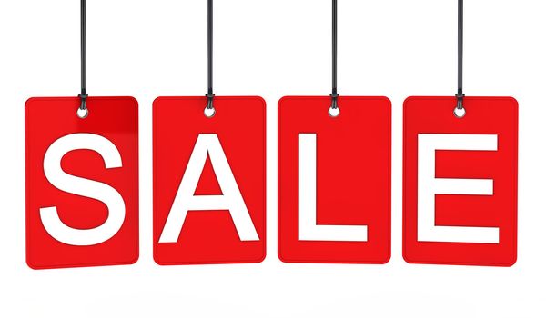 Red sale label hanging on black line
