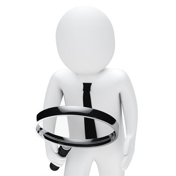 Businessman hold and look chrome magnifying glass