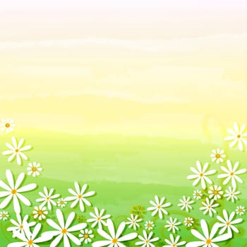 spring background with daisy flowers over beige green gradient